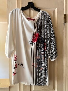 Marina Rinaldi White Blouse with Black Houndstooth and Red Floral Accents